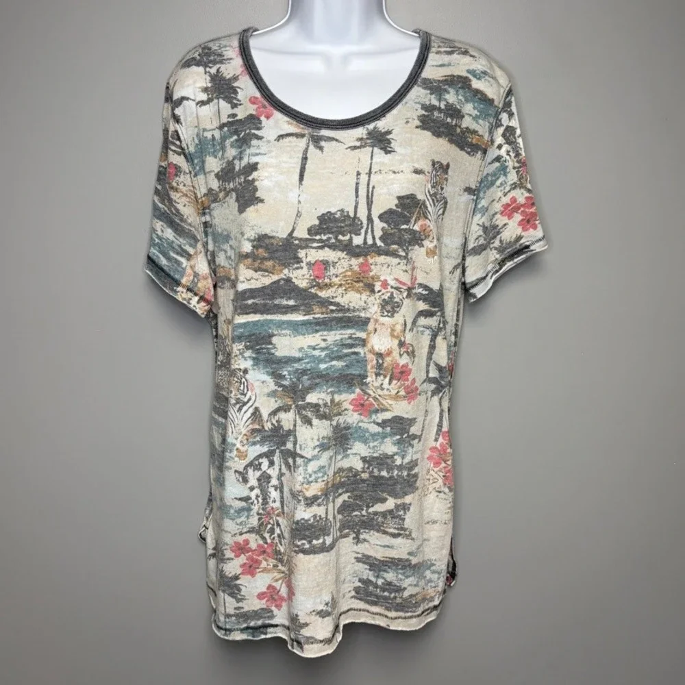 Free People Vintage Tropical Tiger Print Oversized Vacation Tee Womens Sz L